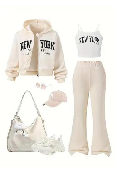 Kids New York Baskılı 3 lü Renki Kışlık Takım