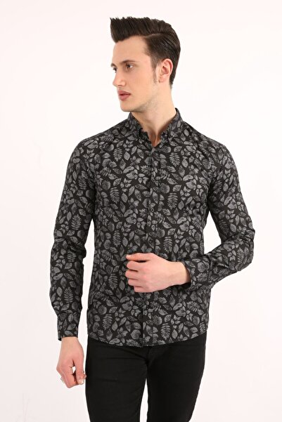 buğrahayalin Men's Casual Leaf Patterned Stretch Fabric Shirt