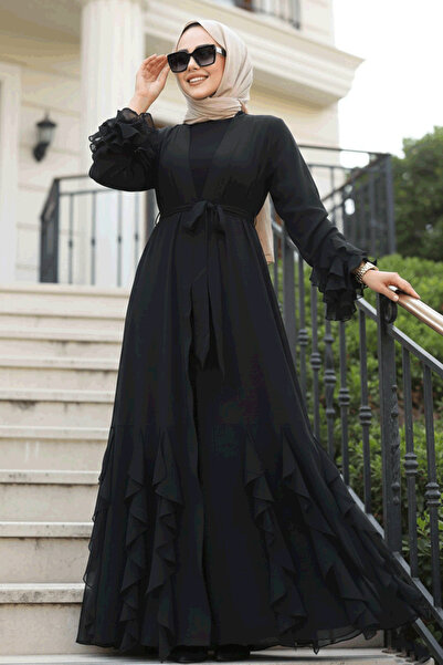 N.S NEVA STYLE Kat Volanlı Siyah Tesettür Abaya Elbise 25904S