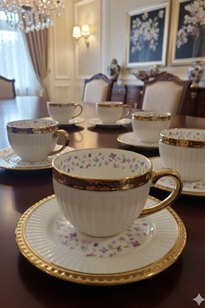 Home Florena Gold Gilded Embossed Turkish Coffee Cup Set 6 Pieces 90 Cc-Pink/...