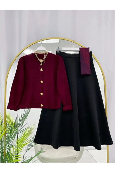 RFK Butik Women's Knitwear Gold Heart Cardigan Puff Scuba Skirt Set - Burgund...