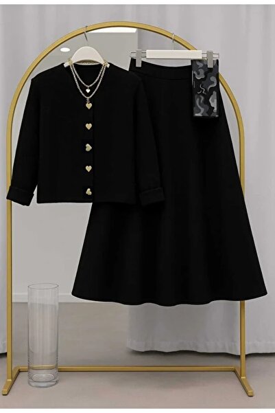 RFK Butik Women's Knitwear Gold Heart Cardigan Puff Scuba Skirt Set - Black-B...