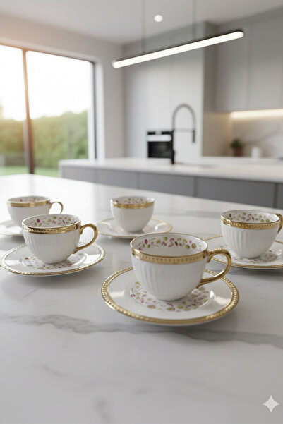 Home Florena Gold Gilded Embossed Turkish Coffee Cup Set 6 Pieces 90 Cc-Pink/...