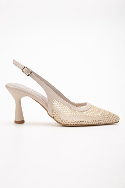 Entella Store Women's Luna Beige Lace Pointed Buckle Heeled Shoes