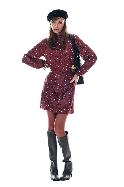 EXPLOSION Desenli Saten Yakası Bağlamalı Mini Şık Elbise