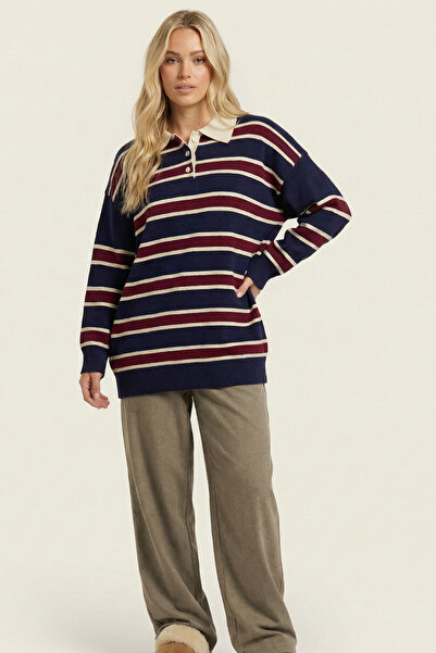 ABAY GİYİM Striped Polo Neck Oversized Knitwear Tunic