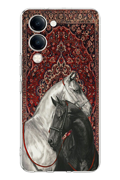 TechTree Vivo Y04 Compatible Traditional Carpet Motif Black and White Horse P...