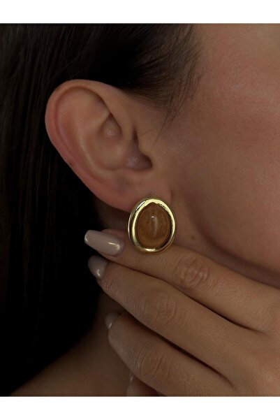 Luseda أقراط عتيقة ذات تفاصيل حجرية بيضاوية الشكل بلون ذهبي تان