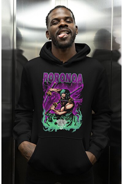 SEVBANO هودي بتصميم رورونوا زورو مطبوع للجنسين قصة فضفاضة من شخصيات أنمي ون بيس