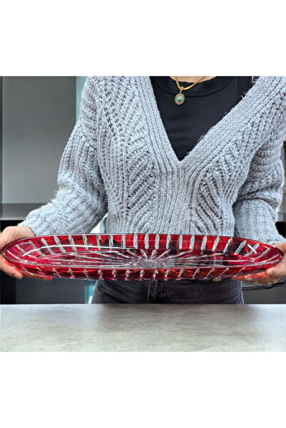 Glowvera طبق تقديم على شكل قارب من الكريستال الزجاجي الأحمر المقطوع بطول 50 سم