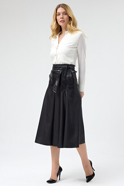 Laranor Black Waist and Basene Belted Fleece-Lined Faux Leather Pocket Detail...