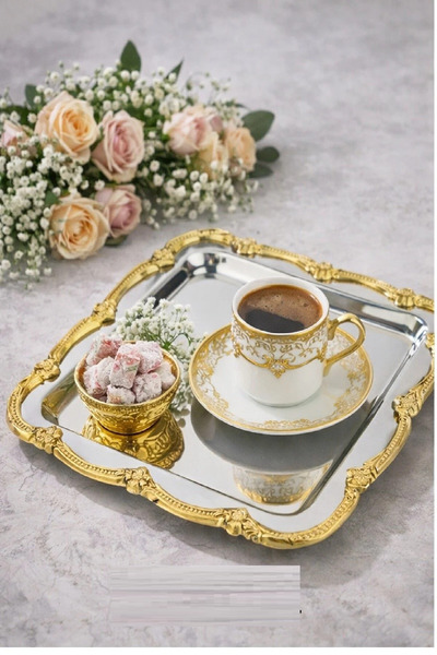 Manor Cam GOLD GÜL DEKORLU ,KARE KROM SUNUM TEPSİSİ (22X22)