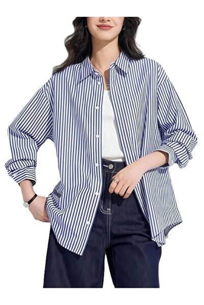 Generic Women's Cotton Oversized Comfort Striped Spread Collar Long Sleeves S...