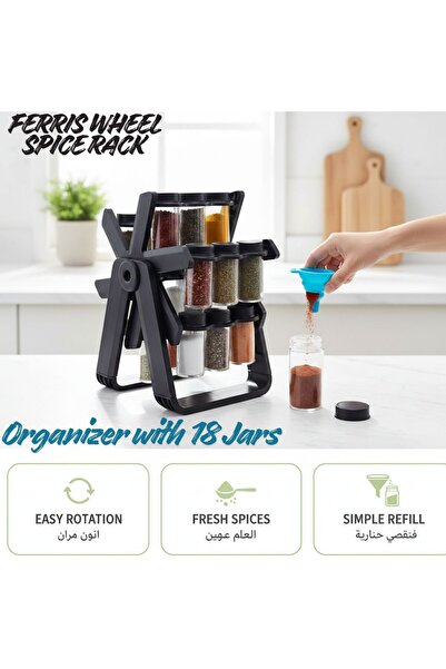Genrics Ferris Wheel Rack – 18 Jar Rotating 360° Countertop Organizer with La...