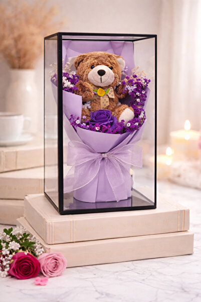 OEM Gift Bouquet with Teddy Bear 25cm and Scented Soap Rose in Transparent Bo...