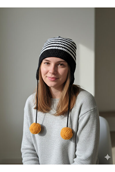 Jasminya قبعة نسائية محبوكة يدويًا بخطوط سوداء وبيضاء مع أذني قطة