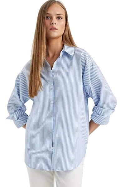 Generic قميص نسائي قطني قصة فضفاضة مريح مخطط بياقة عريضة وأكمام طويلة