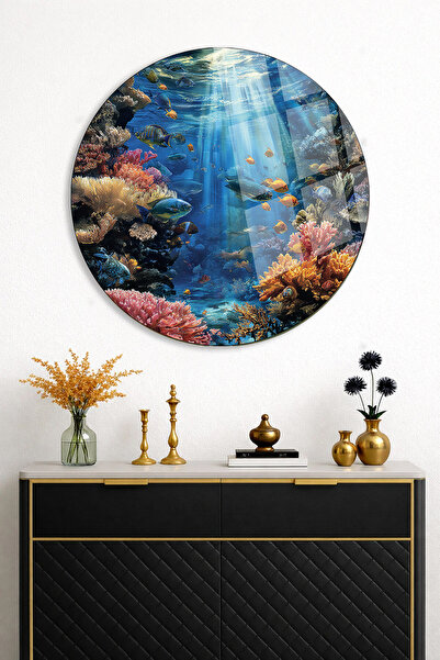 TAULART Underwater Coral and Fish Patterned Round Real Unbreakable Glass Tabl...