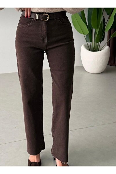 shop Kahve kesik paça straight fit kemerli jean