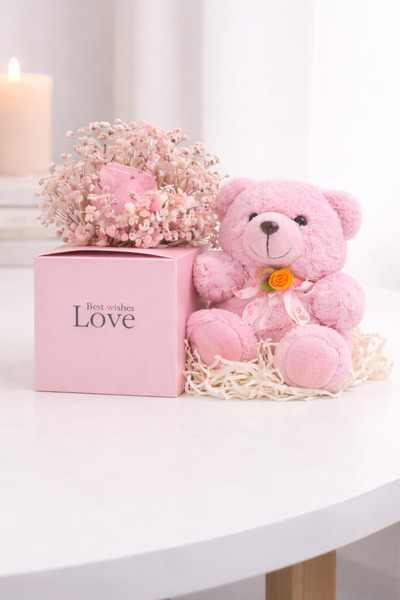 OEM Gift with 12 cm teddy bear and artificial floral arrangement in 20cm deco...