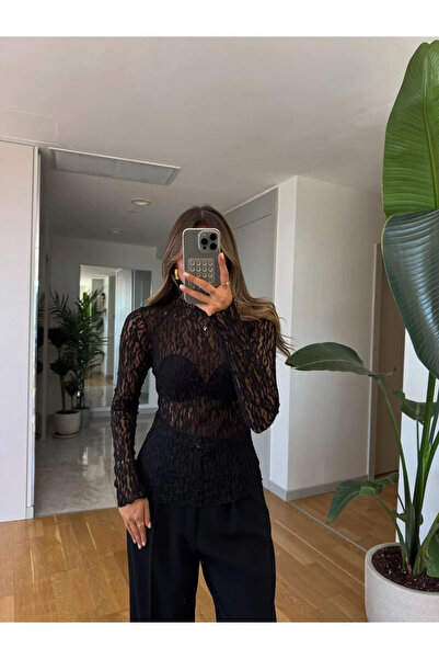 DAME Bluză cu guler înalt, cu detalii transparente