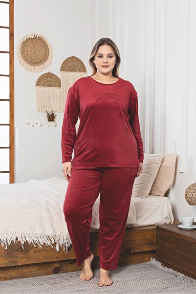 Asel Plus Size Red Stretch Fabric Soft Velvet Pajamas Set