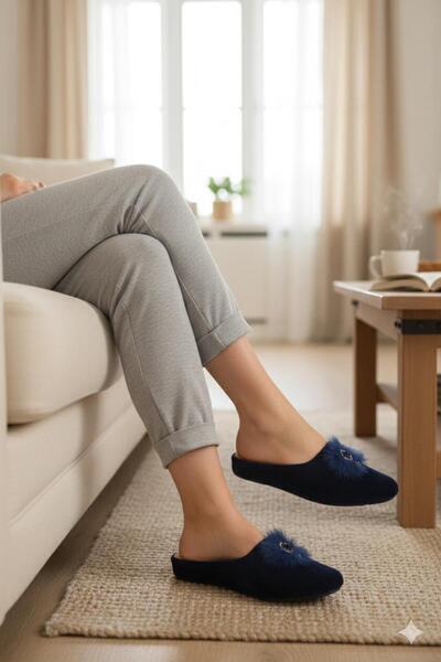 Biocomfort Women's Navy Blue Plush Pompom Velvet House and Dowry Slippers - S...