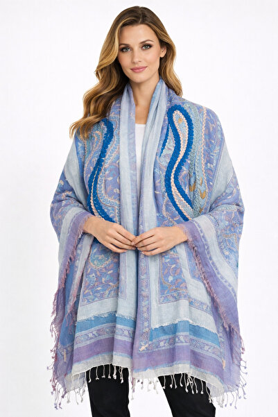 Dervişan İpekçilik Dervişan Silk & Cashmere Mavi Lila İşlemeli Kaşmir Şal