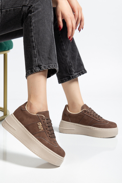BAHRİNA Women's Brown Suede Thick Sole Buckled Sneakers
