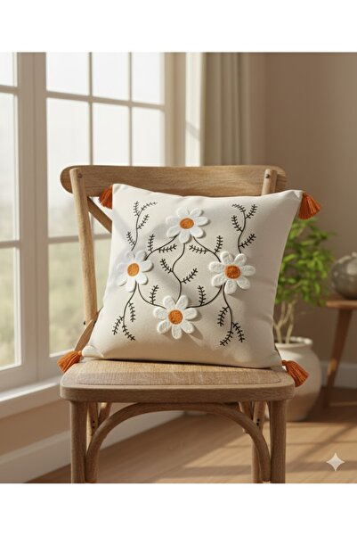 ON-ARS TEKSTİL Decorative Orange Daisy Embroidered Throw Pillow Cover - Punch...