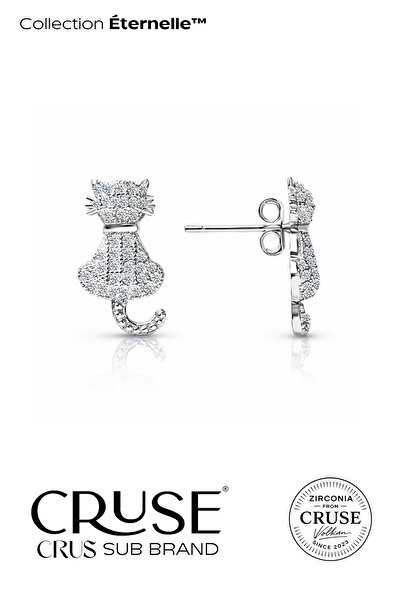Cruse 925 Ayar Gümüş Éternelle™ Pavé Kedi Küpe 18 Ayar Beyaz Altın Kaplama
