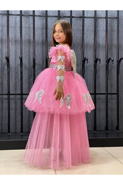 Sare Çocuk Giyim Pink Angel Winged Tailed Birthday Kids Evening Dress Childre...