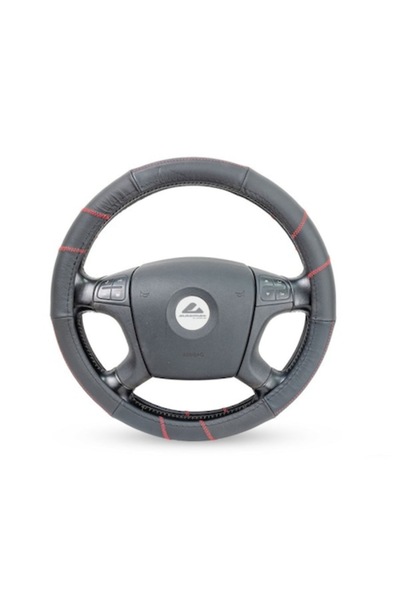 AUTOMAX Leather Steering Wheel Cover, 37-39 cm, Black with Red Inserts