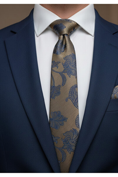 Gutiero Navy Blue Beige Patterned Slim 6 Centimeter Tie with Handkerchief