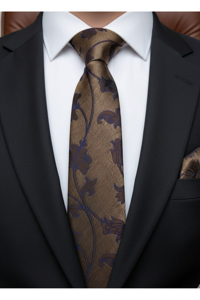 Gutiero Brown Beige Patterned Handkerchief Slim 6 Centimeter Tie