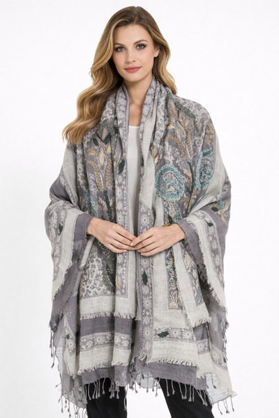 Dervişan İpekçilik Dervişan Silk & Cashmere Gri İşlemeli Kaşmir Şal