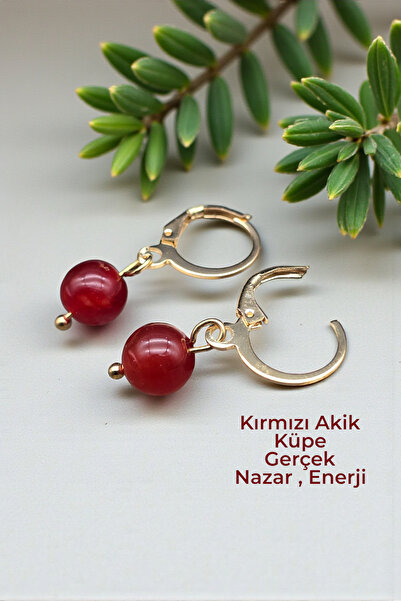 NBS Beautiful Naturel Stones Kırmızı Akik Küpe Gerçek Doğal Taş 8 mm