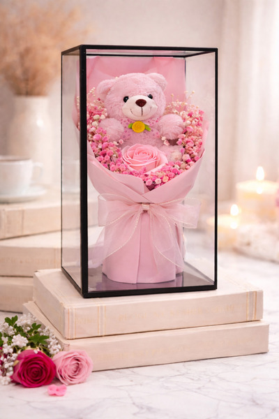 OEM Gift Bouquet with Teddy Bear 25cm and Scented Soap Rose in Transparent Bo...