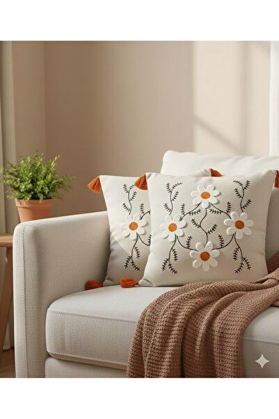 ON-ARS TEKSTİL 2 Pieces Decorative Orange Daisy Embroidered Throw Pillow Cove...