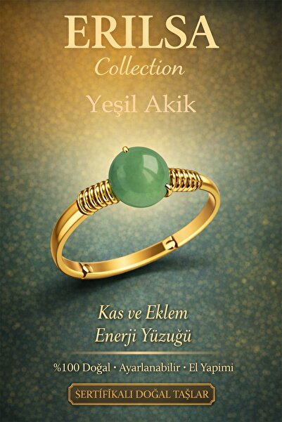 Erilsa Certified Muscle and Joint Energy Ring – Green Agate Adjustable Gold T...