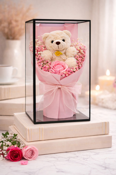 OEM Gift Bouquet with Teddy Bear 25cm and Scented Soap Rose in Transparent Bo...