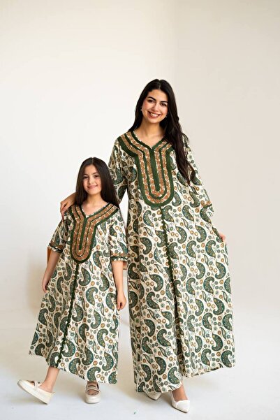 AFandina جلابية كتان(الام والبنت ) مطرزة بتصميم حصري أنيقSM - 56