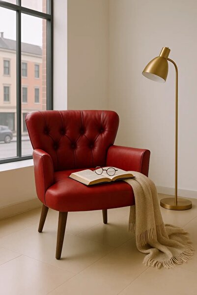 WATERYBROOK Tekli Berjer Koltuk - Kapitoneli Suni Deri - Ceviz Ahşap Ayaklı -...