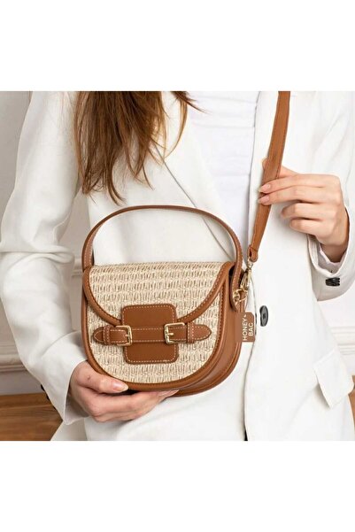 ÖZÜM TAKI Women's Straw Patterned Tan Shoulder Bag and Handbag