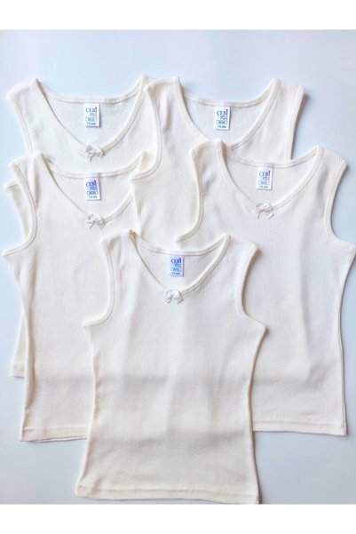 ÇebiKids Girl's 100% Cotton Ecru/Retro Jacquard Thick Strap Undershirt 5-Pack