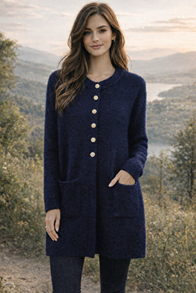 Noreva Mode Kadın Angora Triko Cepli Ceket Uzun Model Düğmeli Yumuşak Dokulu