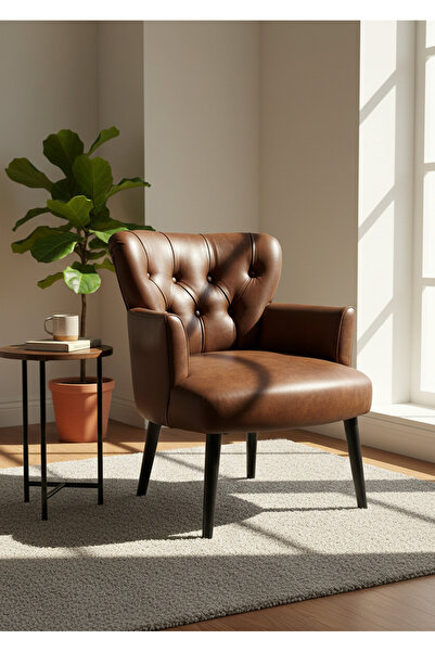 WATERYBROOK Tekli Berjer Koltuk - Kapitoneli Suni Deri - Siyah Ahşap Ayaklı -...