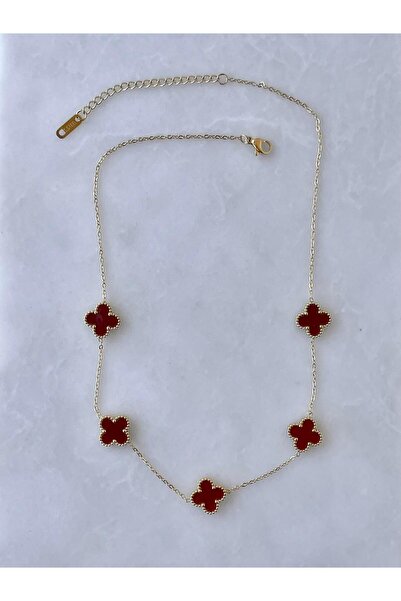 aksesuarista 316L Çelik Gold Renk Zincir Bordo Yonca Kadın Kolye