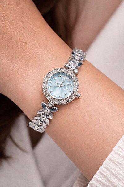 SEES AKSESUAR Kadın Gümüş Renk Taşlı Metal Kol Saati & Bileklik Seti