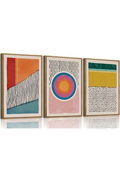 ALAYRA International مجموعة من 3 لوحات فنية تجريدية محايدة مؤطرة على قماش (40...